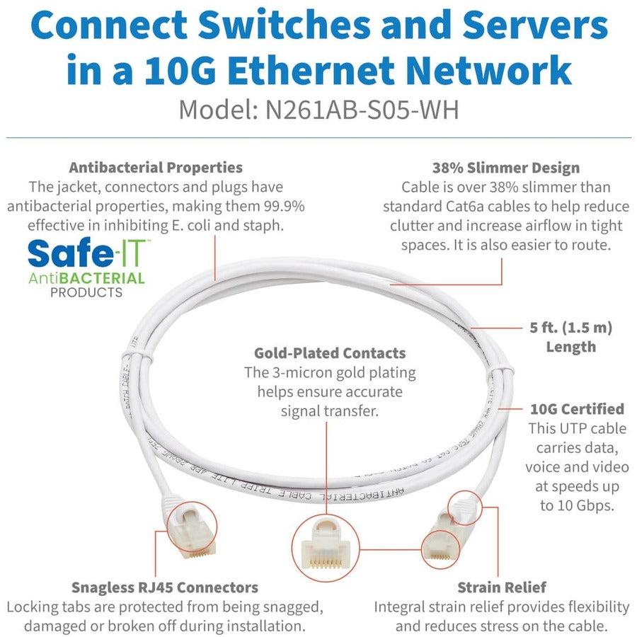 Tripp Lite N261Ab-S05-Wh Safe-It Cat6A 10G-Certified Snagless Antibacterial Slim Utp Ethernet Cable (Rj45 M/M), White, 5-Ft. (1.52 M)