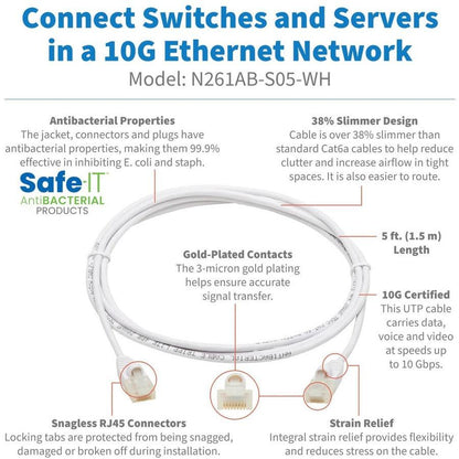 Tripp Lite N261Ab-S05-Wh Safe-It Cat6A 10G-Certified Snagless Antibacterial Slim Utp Ethernet Cable (Rj45 M/M), White, 5-Ft. (1.52 M)