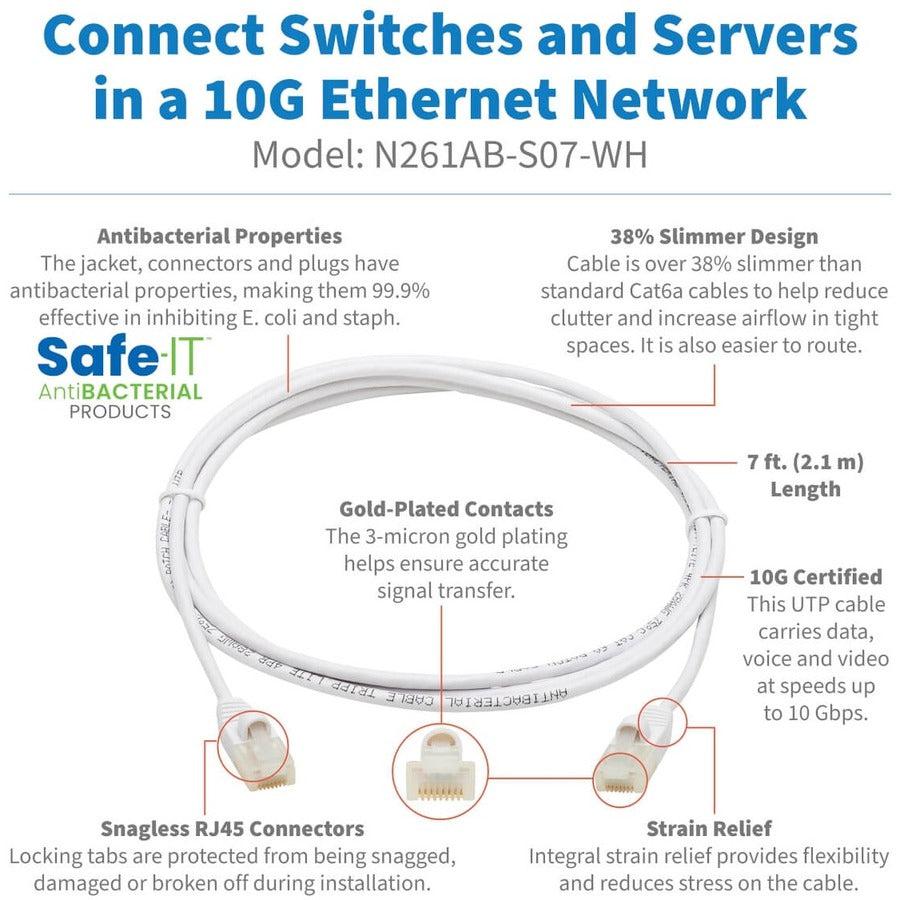 Tripp Lite N261Ab-S07-Wh Safe-It Cat6A 10G-Certified Snagless Antibacterial Slim Utp Ethernet Cable (Rj45 M/M), White, 7 Ft. (2.13 M)