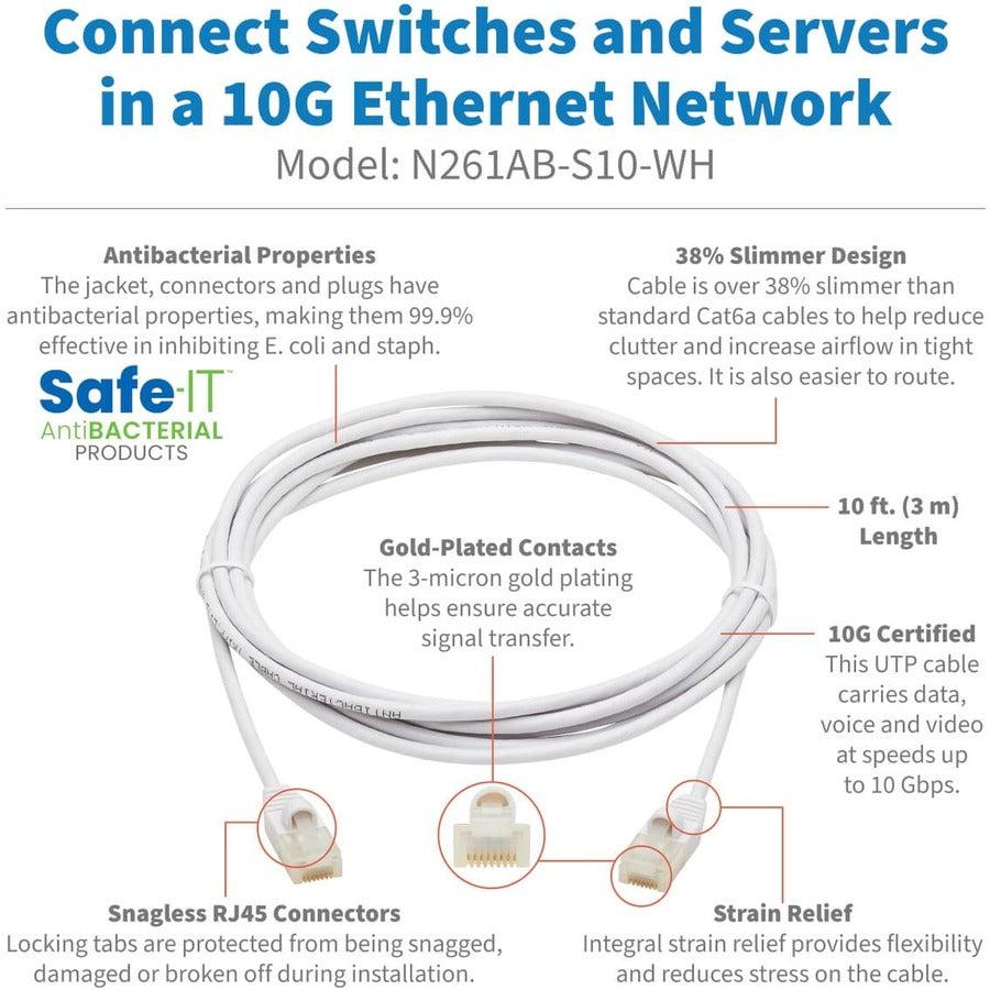 Tripp Lite N261Ab-S10-Wh Safe-It Cat6A 10G-Certified Snagless Antibacterial Slim Utp Ethernet Cable (Rj45 M/M), White, 10 Ft. (3.05 M)