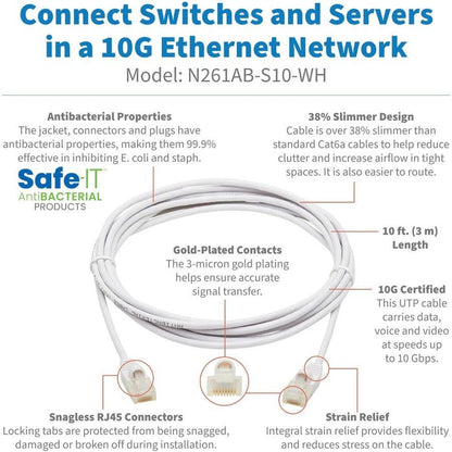 Tripp Lite N261Ab-S10-Wh Safe-It Cat6A 10G-Certified Snagless Antibacterial Slim Utp Ethernet Cable (Rj45 M/M), White, 10 Ft. (3.05 M)