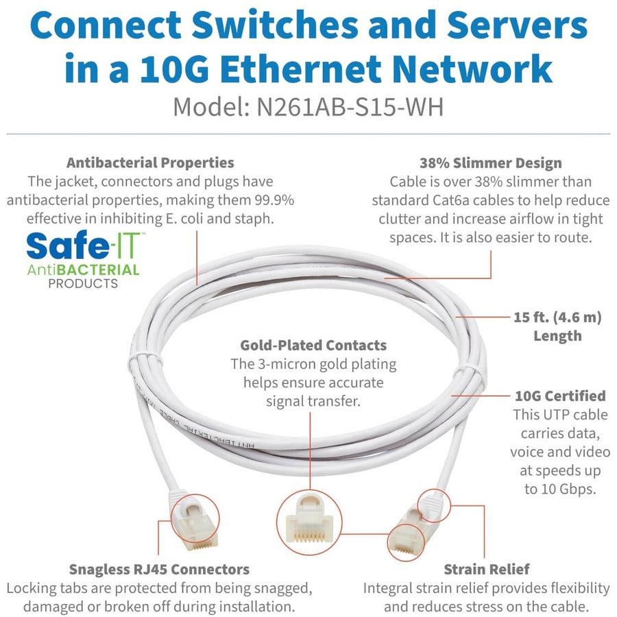 Tripp Lite N261Ab-S15-Wh Safe-It Cat6A 10G-Certified Snagless Antibacterial Slim Utp Ethernet Cable (Rj45 M/M), White, 15-Ft. (4.57 M)