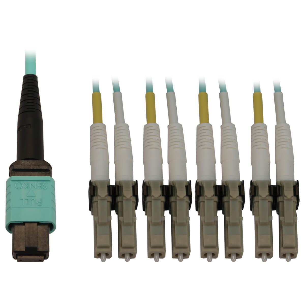 Tripp Lite N844X-01M-8L-P 40/100/400G Multimode 50/125 Om3 Fiber Optic Cable (12F Mtp/Mpo-Pc To 4X Duplex Lc/Pc F/M), Lszh, Aqua, 1 M (3.3 Ft.)