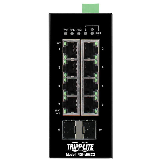 Tripp Lite Ngi-M08C2 8-Port Managed Industrial Gigabit Ethernet Switch - 10/100/1000 Mbps, 2 Gbe Sfp Slots, -40° To 75°C, Din Mount