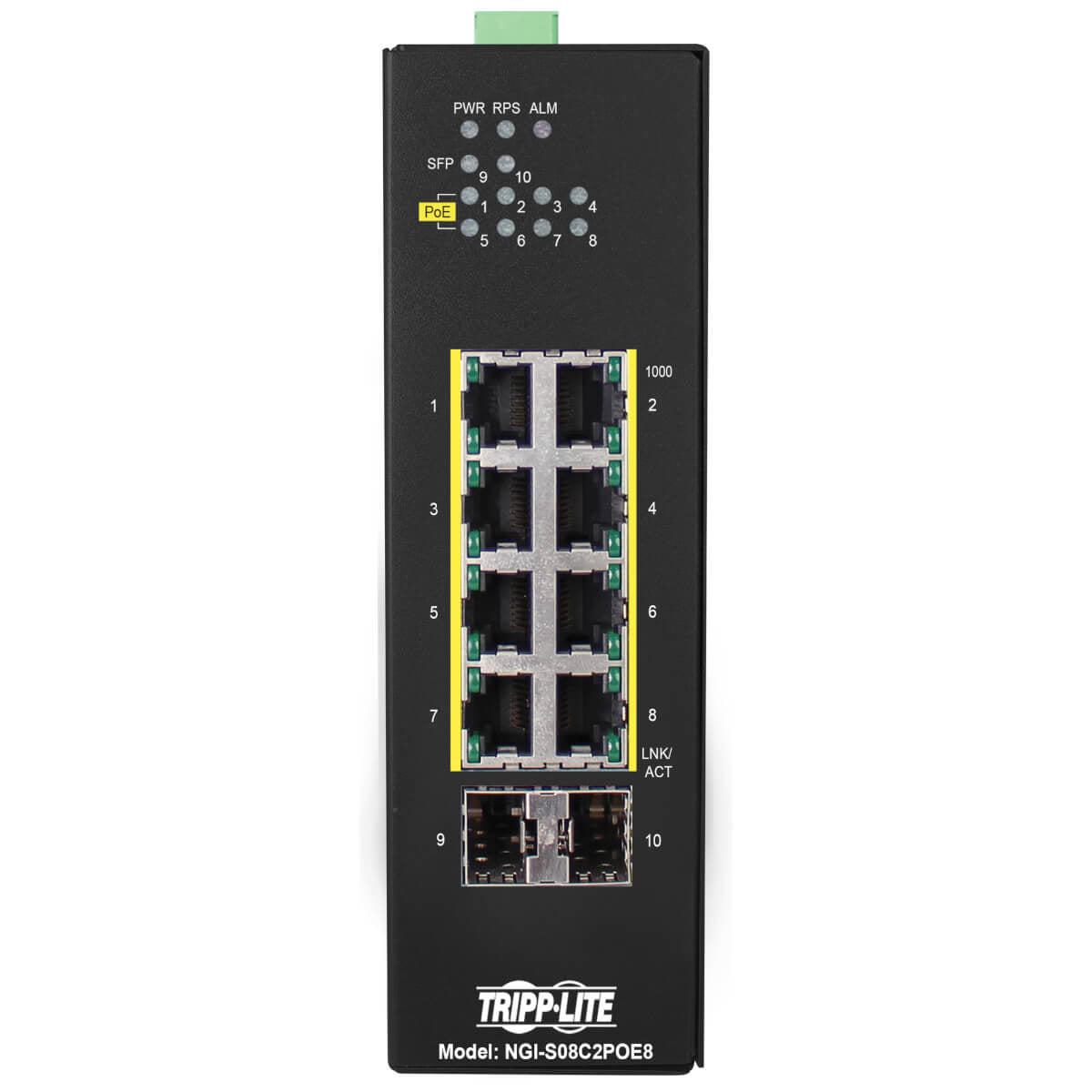 Tripp Lite Ngi-S08C2Poe8 8-Port Lite Managed Industrial Gigabit Ethernet Switch - 10/100/1000 Mbps, Poe+ 30W, 2 Gbe Sfp Slots, -10° To 60°C, Din Mount