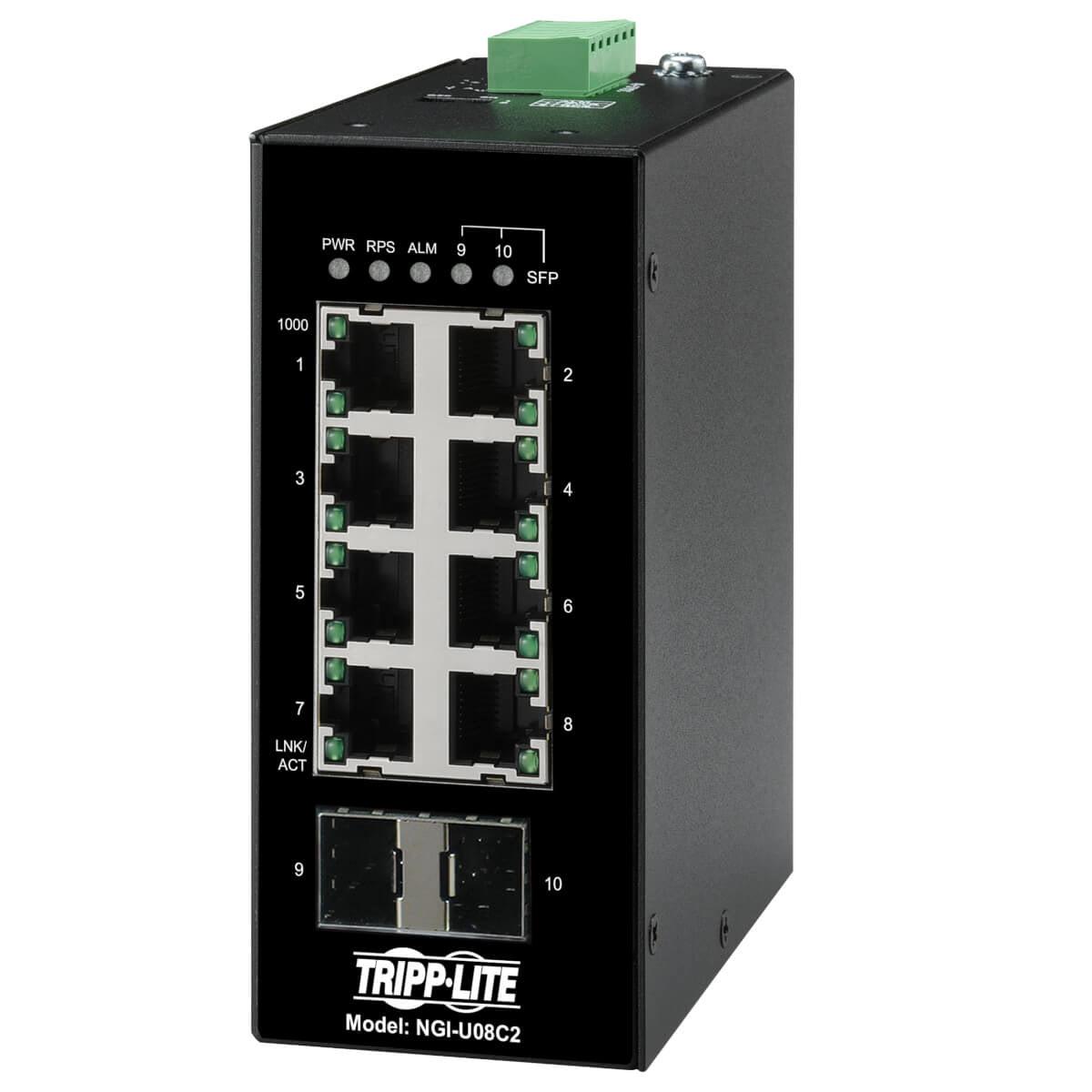 Tripp Lite Ngi-U08C2 8-Port Unmanaged Industrial Gigabit Ethernet Switch - 10/100/1000 Mbps, 2 Gbe Sfp Slots, -40° To 75°C, Din Mount