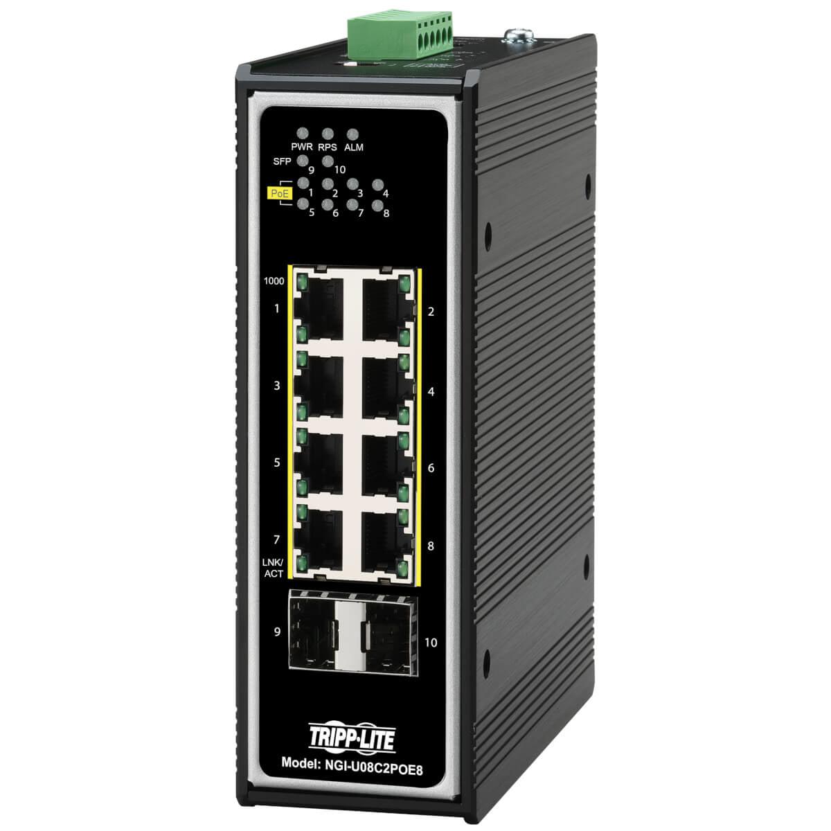 Tripp Lite Ngi-U08C2Poe8 8-Port Unmanaged Industrial Gigabit Ethernet Switch - 10/100/1000 Mbps, Poe+ 30W, 2 Gbe Sfp Slots, -40° To 75°C, Din Mount