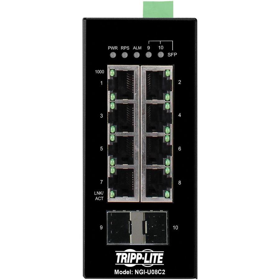 Tripp Lite Ngi-U08C2 8-Port Unmanaged Industrial Gigabit Ethernet Switch - 10/100/1000 Mbps, 2 Gbe Sfp Slots, -40° To 75°C, Din Mount