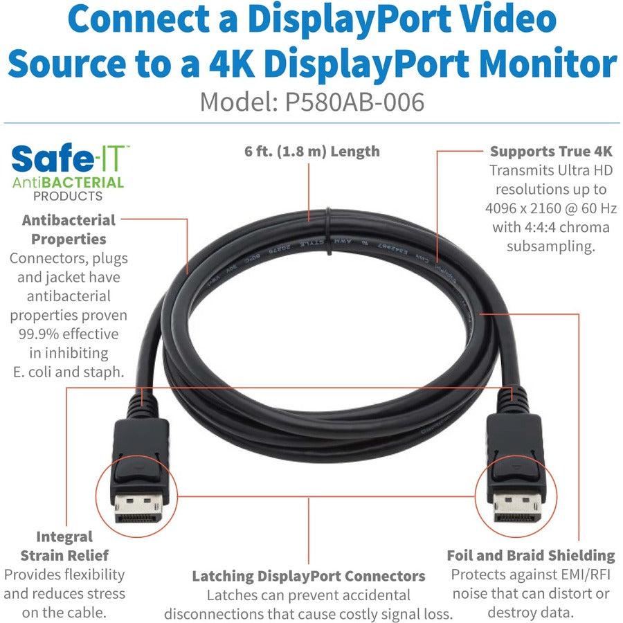 Tripp Lite P580Ab-006 Safe-It High-Speed Displayport Antibacterial Cable With Latching Connectors (M/M), Uhd 4K 60 Hz, 6 Ft. (1.83 M)