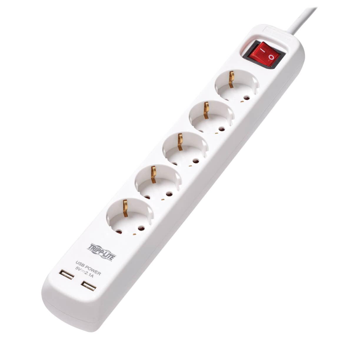 Tripp Lite Ps5G3Usb 5-Outlet Power Strip With Usb-A Charging - Schuko Outlets, 220-250V, 16A, 3 M Cord, Schuko Plug, White