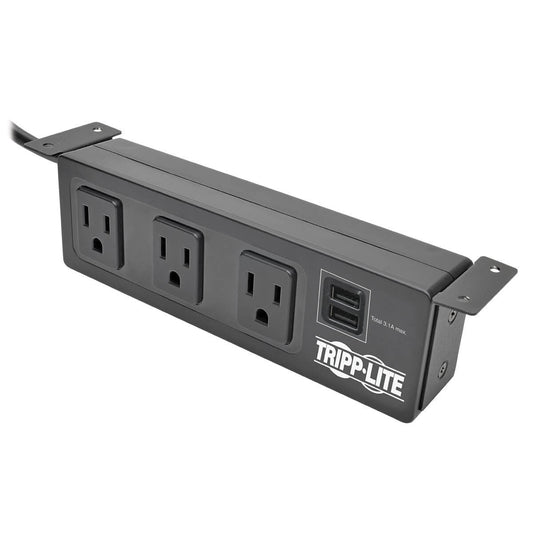 Tripp Lite Protect It! 3-Outlet Surge Protector With Mounting Brackets, 10 Ft. Cord, 510 Joules, 2 Usb Charging Ports, Black Housing