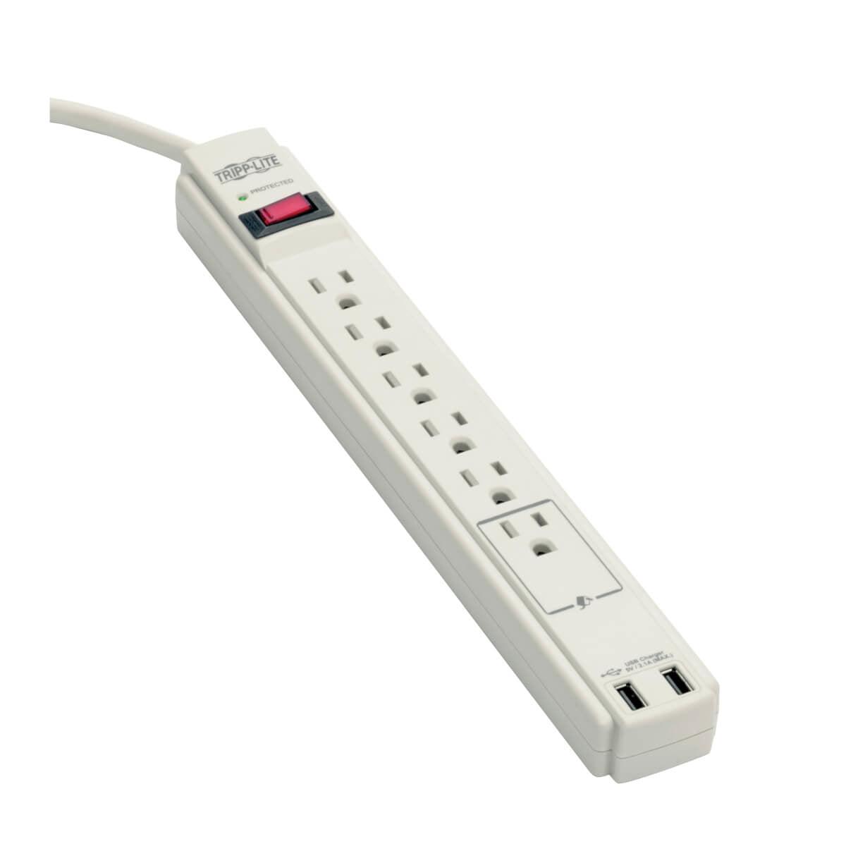 Tripp Lite Protect It! 6-Outlet Surge Protector, 6-Ft. Cord, 990 Joules, 2 X Usb Charging Ports (2.1A), Gray Housing