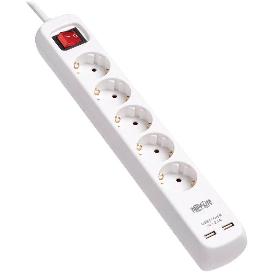 Tripp Lite Ps5G3Usb 5-Outlet Power Strip With Usb-A Charging - Schuko Outlets, 220-250V, 16A, 3 M Cord, Schuko Plug, White