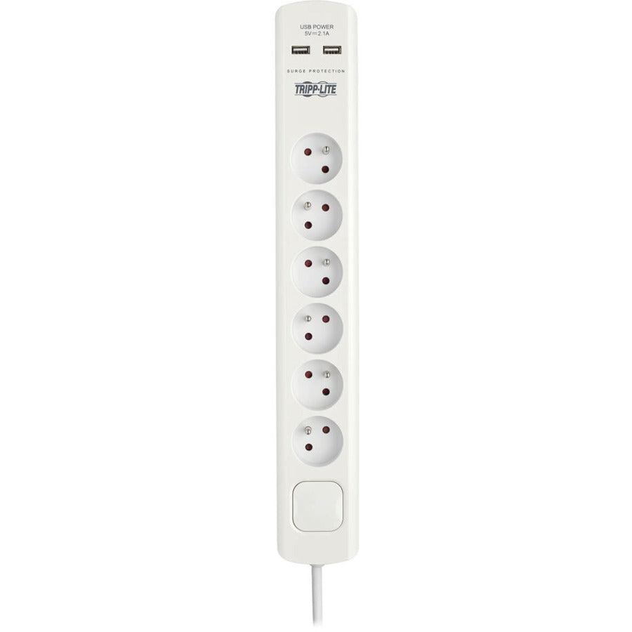 Tripp Lite Tlp6F18Usb 6-Outlet Surge Protector With Usb Charging - French Type E Outlets, 220-250V, 16A, 1.8 M Cord, Type E Plug, White