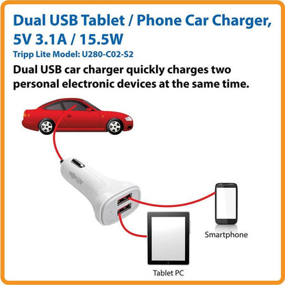 Tripp Lite U280-C02-S2 Dual-Port Usb Car Charger For Tablets And Cell Phones, 5V 4.8A (24W)