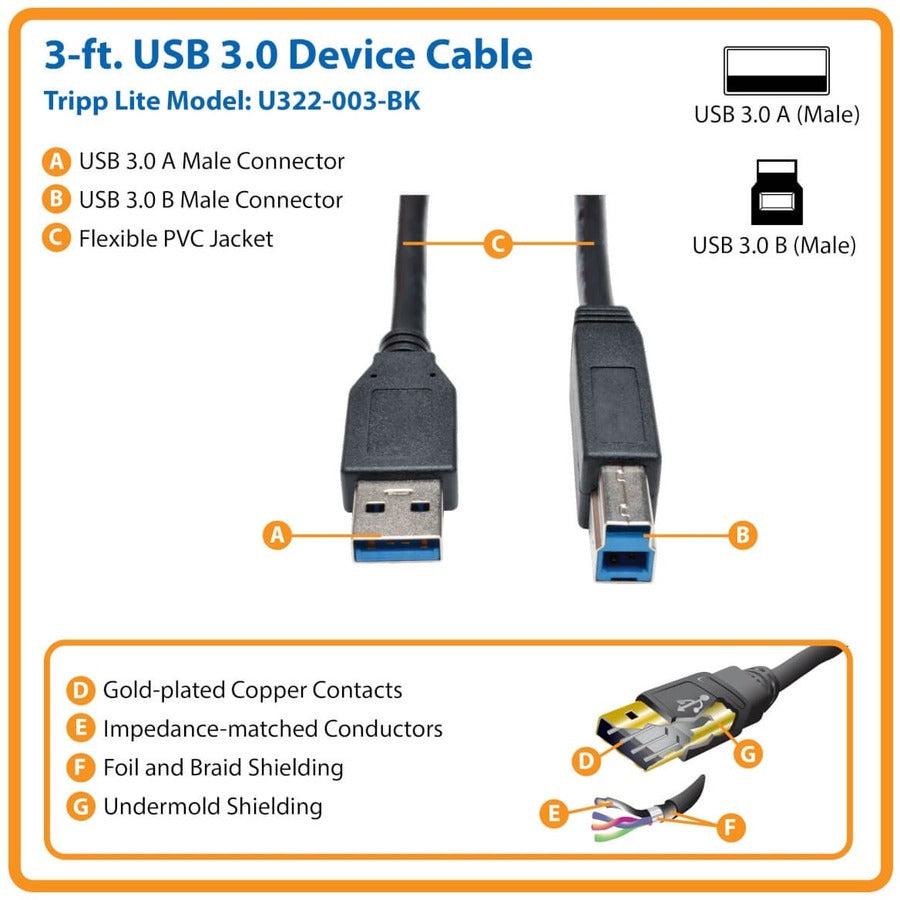 Tripp Lite U322-003-Bk Usb 3.0 Superspeed Device Cable (Ab M/M) Black, 3 Ft. (0.91 M)