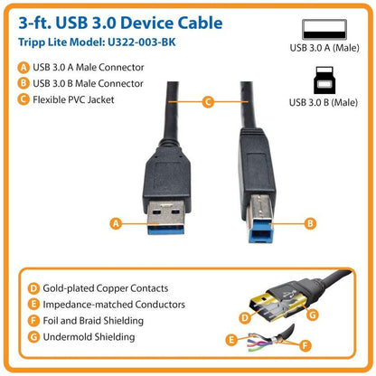 Tripp Lite U322-003-Bk Usb 3.0 Superspeed Device Cable (Ab M/M) Black, 3 Ft. (0.91 M)