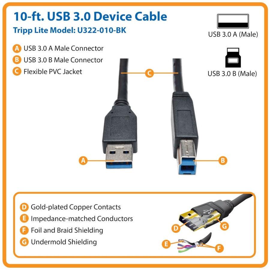 Tripp Lite U322-010-Bk Usb 3.0 Superspeed Device Cable (Ab M/M) Black, 10 Ft. (3.05 M)