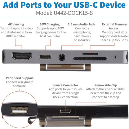 Tripp Lite U442-Dock15-S Usb-C Dock With Removable Clip - For Laptops And Tablets, 4K Hdmi, Usb-A Hub, 60W Pd Charging