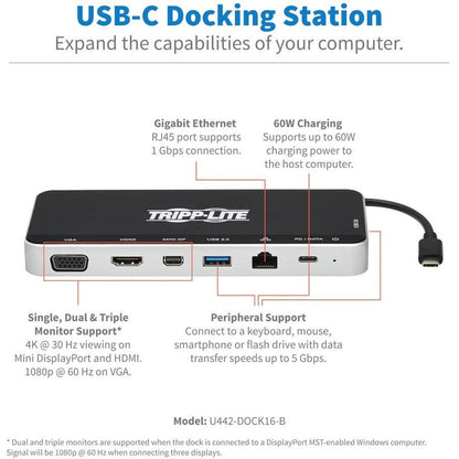 Tripp Lite U442-Dock16-B Usb Dock, Triple Display - 4K Hdmi & Mdp, Vga, Usb 3.2 Gen 1, Usb-A/C Hub, Gbe, 60W Pd Charging