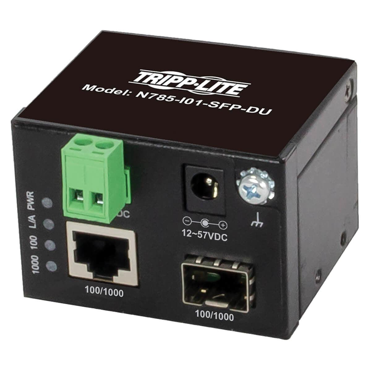 Tripp Lite Unmanaged Industrial Gigabit Fiber To Ethernet Media Converter, 10/100/1000 Mbps, Rj45/Sfp, -40° To 75°C, Dc Power