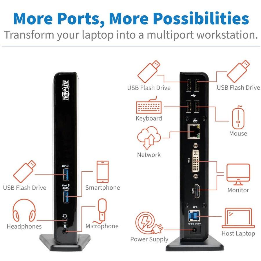 Tripp Lite Usb 3.0 Laptop Dual Head Docking Station - Hdmi And Dvi Video, Audio, Usb Hub Ports And Ethernet