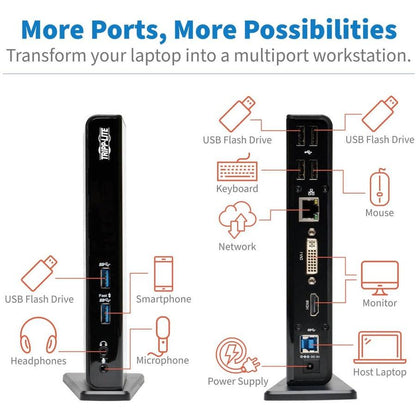 Tripp Lite Usb 3.0 Laptop Dual Head Docking Station - Hdmi And Dvi Video, Audio, Usb Hub Ports And Ethernet