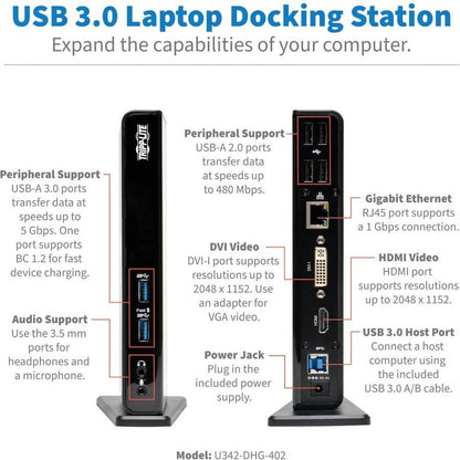 Tripp Lite Usb 3.0 Laptop Dual Head Docking Station - Hdmi And Dvi Video, Audio, Usb Hub Ports And Ethernet