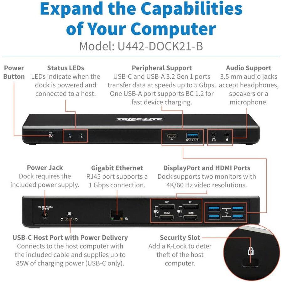 Tripp Lite Usb-C Dock, Dual Display - 5K 60 Hz Dp, 4K 60 Hz Hdmi, Usb 3.2 Gen 1, Usb-A/C Hub, Gbe, 85W Pd Charging